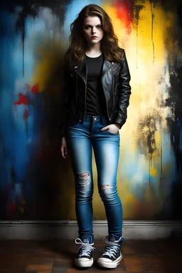 Full body Portrait - digital photograph, chiaroscuro, extremely colorful, vibrant, lifelike, 20th century masterpiece, rich deep colors, highly detailed portrait, beautiful, extremely gorgeous Georgie Henley wearing a black leather biker's jacket, a black "Iron Maiden" T-shirt, Blue Jeans, black Converse sneakers, absolute reality