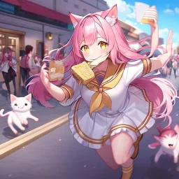 Clear focus,High resolution,High quality, Smiling, Pink long fluffy hair, Pink cat ears, Yellow eyes, Wearing a pink sailor uniform, running with toast in her mouth