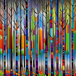 birch forest with colorful tonks dot Painting in the modern Australian aboriginal art style painted by geoffrey bardon and lee krasneer source pinterest , singulart or devian art main