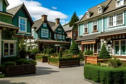 shopping area with newfoundland theme, with cedar shake, street car parking