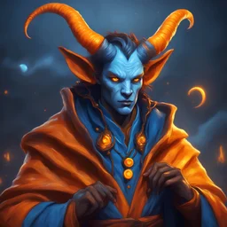 Tiefling with yellow-orange skin and dark orange horns wearing a wizard's robe of sky-blue and yellow buttons magic swirling all around them in the night, masterpiece, best quality, in 3d art style