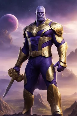 Thanos, the commander of the army of aliens and the king of the entire galaxy, is ready to go on a campaign with his two large swords, his very beautiful and impenetrable armor with his golden helmet, standing on top of a hill with his sword with infinity gauntlet