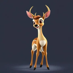 full body of an adult bald white tail deer, standing, halted with chest out, proud pose, with big smile, big surprised eyes, tail upward, on flat background, in the style of 'My Little Pony' and Bambi, fantastic lighting