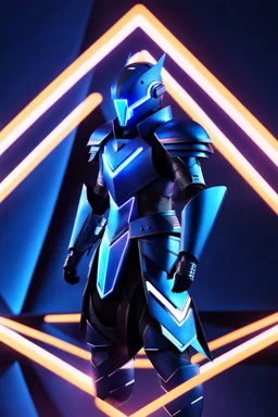 neon blue, floating parts of armor in form of light triangle orbiting behind the back, cyber armor, geometric patterns on armor, male, orbiting triangle