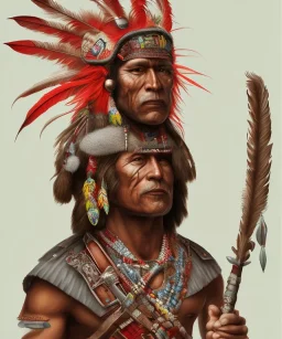 Guaicaipuro, native south american face, Muscular warrior, three red feathers headdress, holding spear