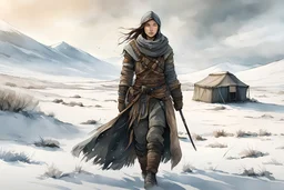 create an ink wash and watercolor, full body, young, otherworldly lost Siberian nomadic female huntress concept art character, with highly detailed, sharply lined and deeply weathered facial features, outside her yurt in a desolate tundra steppe landscape , in natural winter tundra colors, 4k