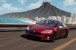 A Tesla 'Model 3' is racing at top speed, at the beach of Waikiki in Hawaii. CINEMATIC. WIDE ANGLE LENS. PHOTO REAL.
