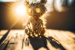 Double exposure, merged layers, Little sculpture of an italian pasta creature made with concrete and driftwood and mother-of-pearl and low voltage filament lit, golden patina, in sunshine, corrosion, heart and love, A beautiful little manul catches the pasta while standing on a wooden table in sunshine, ethereal, cinematic postprocessing, bokeh, dof