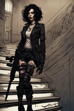 scarred cyberpunk vampire girl with tribal tattoos short curly dark cyberpunk hair descending the staircase in decaying gothic mansion with machine gun in hand at dawn