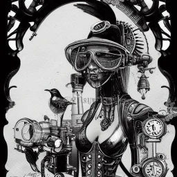 great illustrator, spanish, pencil sketch of a cute girl, beautiful, steampunk syle, black and white. Helmet with tubes. glasses, venetian carnival. Machinery in the background. robotic birds flying. High details.