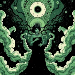 Negotiating dream frequencies culminating in a fetal absurdity, by Gabriel Pacheco, ink illustration, Green and black color scheme, abstract surrealism, art nouveau