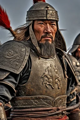 Close-up of a warrior the 1200s and a Mongol warriors, strong athletic build, in battle gear. HDR --s 1000