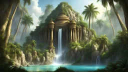 храм индии в джунглях пальмы скалы водопады лианы фэнтези арт
