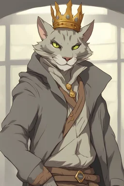 Studio ghibli style Male khajiit with grey fur wearing a crown and a jacket
