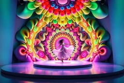 A 3D recursive Mandelbulb fractal modern stage with a pretty lady dancing ,vibrant colors , creating a calm and serene atmosphere