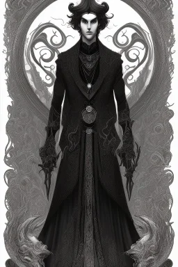 black haired young man necromancer wizard with gothic jewelry and tentacle fingers in the style of Aubrey Beardsley