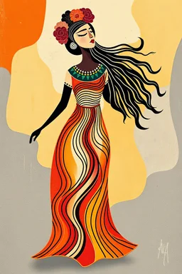 Contemporary Folkloric Art – Expressive Abstract Style with a Celebratory Feminine Spirit Theme: Inkan Girl Representing Harmony Style: A modern expressive approach infused with folk art influences, using bold flat colors and simplified forms. The style celebrates femininity and cultural vitality through symbolic motion and organic rhythm. Visual elements: – Repetitive, flowing lines shape the dress like a living pattern, resembling organic textile prints or natural waves. – Simplified facial