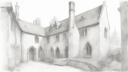 Pencil sketch of a paved courtyard with a Gothic house, with a crooked tall chimney and roofs