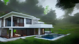 modern house by a big water falls in a karstic montain rain forest