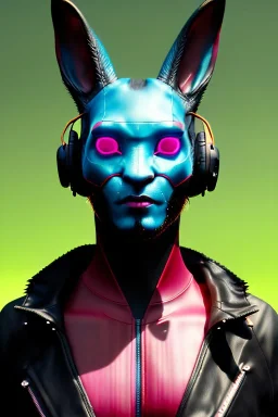 Medium Close Up Portrait, Front image. cyberpunk, rabbit mask, Afro man, pink hair. Carbon tracksuit. Red, black, gold, color. Ghost in the shell style. Color background, photo studio. Avatar image, highly detailed, concept art, smooth, unreal engine 5, god rays, ray tracing, RTX, lumen lighting, ultra detail, volumetric lighting, 3d, finely drawn, high definition, high resolution.