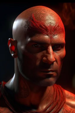 A portrait of a man , looking at you ,red skin, scales, unreal engine 6, high detail, intricate, cinematic. photoshoot style, intricate, studio lighting, masterpiece , highly detailed, 8k, best quality, fire, smoke, dramatic,d,<lora:mshn:0.7>,<lyco:Warrior_Couture:0.5>,