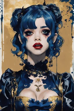 Poster in two gradually, a one side malevolent goth vampire girl face and other side the Singer Melanie Martinez face, painting by Yoji Shinkawa, darkblue and gold tones,