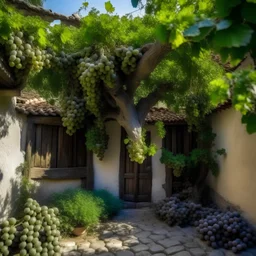 A grape tree full of clusters in the courtyard of an old house