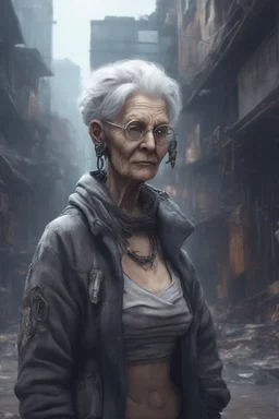 cyberpunk saggy granny woman, abandoned sci-fi town, future, sci-fi