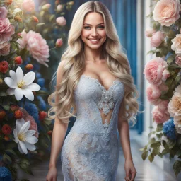 (best quality, 4k, 8k, highres, masterpiece:1.2), ultra-detailed, (realistic, photorealistic, photo-realistic:1.37),hyper realistic, full body gorgeous smiling 1woman,long hair,looking at viewer,realistic proportions,blue eyes,hair ornament,transparent lace dress,very long hair,flower,blonde hair,parted lips,necklace,white dress,blonde hair,lips,joyful pastel background,freckles,realistic,head wreath, pink flower,realistic portrait, dreamy fantasy landscape countryside,great pespective,crystal