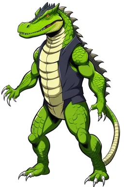 Anime man side character with dark , hybrid with dinosaur,small muscles, aged 30, wearing a dinosaur superhero suit