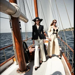 Female fashion models aboard the Lunar Schooner.