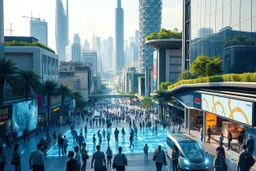 A futuristic scene depicting the bustling heart of a 2080 city center. The foreground features a diverse array of photorealistic individuals engaged with innovative, tech-enhanced elements - holographic displays, autonomous transportation, immersive public art. In the background, a panoramic vista of the larger city skyline - towering organic skyscrapers, elevated transit, verdant green spaces. Convey a sense of scale, depth and awe-inspiring technological wond