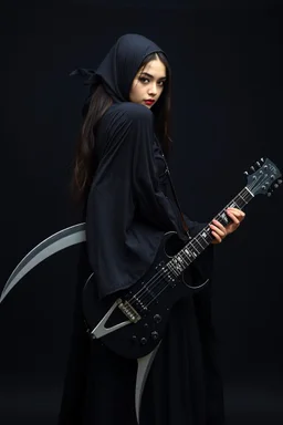 front pretty goth girl(dressed in black flowing robes) rockin' on a scythe styled guitar, leaning back, dark background, photo realism