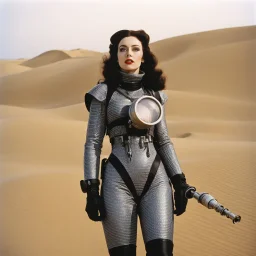 Dune movie by Russ Meyer, psychedelic tattooed Kat Dennings in technical Stillsuits with tubes and binoculars: she is lost in the dunes, vintage 1970's photo