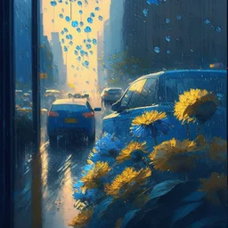 morning, window, rain, blue, flowers in the road, city, crowd, cars, sunlight, golden