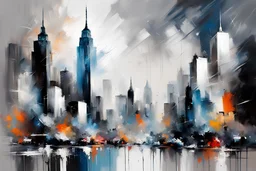 abstract painting: city skyline buildings, gray-black-white-blue colors New York. Willem Haenraets artistic style, dateled in HD, Afremov, colorful in Kal Gajoum style