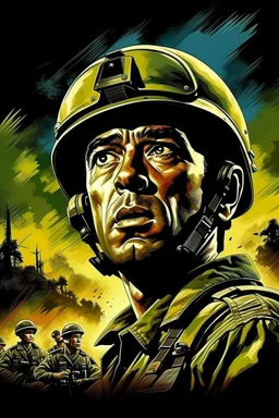 A movie poster of a is an American soldier ground down level camera view looking up camera shots in the style of oil painting