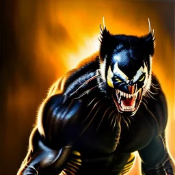 Ultra detailed fullbody Portrait in oil on canvas of Venom fusions wolverine ,intense stare,extremely detailed digital painting, extremely detailed face,crystal clear Big eyes, mystical colors ,perfectly centered image, perfect composition, rim light, beautiful lighting,masterpiece,8k, stunning scene, raytracing, anatomically correct, in the style of robert e howard and Ken Kelley and Ohrai Noriyoshi and Simon Bisley and tomzj1