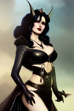 painting of morrigan hel as evil queen in black leather gown, feminie, angry, stern look on her face, volouptous, busty, cleavage, emperious, mature, highly detailed, digital painting, artstation, concept art, smooth, sharp focus, illustration, art by gaston bussiere and alphonse mucha