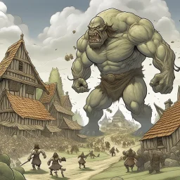 giant attacking a village