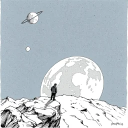 a alone man. pen and ink, birds eye view, illustrated by hergé, Background space and earth