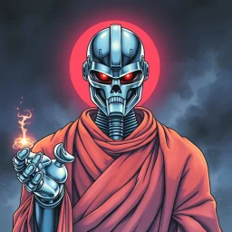 retro anime style, full color, dark serious 1980s anime terminator like robot, moebius artist, magic, watercolor, buddist monk robe,