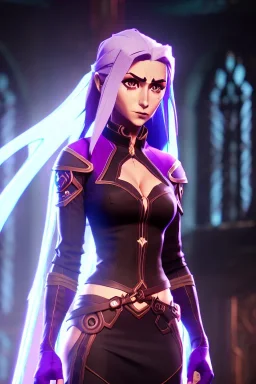 female sorcerous, lathe build, wearing transparent purple skirt, thigh high boots and crop top, big detailed eyes, eyes are both in proportion, eyes with pupils, 3/4 look, long blonde hair with a purple streak, small up turned nose, large breasts, small waist, round butt, standing, dark cobblestone alley, one halo white light behind head, lighting in the background, non photorealistic rendering in the art style of j.scott campbell