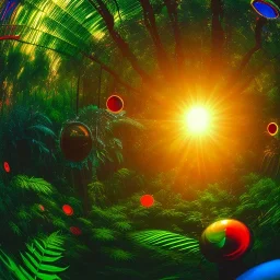 Sunset in a dense lush tropical jungle with lawn chairs, blue red and yellow. Warp. Fisheye. Bokeh. Psychedelic. Wavy.