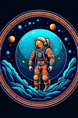 An astronaut looking at the porthole an unknown planet in the deep space. Pixel art