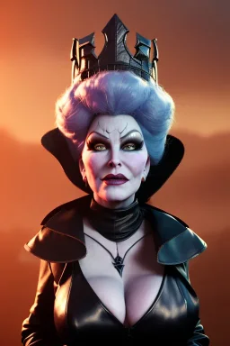 Mae West as evil queen in black leather, leather, busty, cleavage, angry, stern look. character design by cory loftis, fenghua zhong, ryohei hase, ismail inceoglu and ruan jia. unreal engine 5, artistic lighting, highly detailed, photorealistic, fantasy