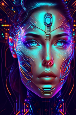 A mesmerizing portrait of a cybernetic woman, her face a blend of organic and mechanical elements, with vibrant, glowing circuits and holographic patterns.