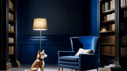 La biblioteca minimalista estaba bañada por la luz de una lámpara de diseño, donde la mujer, sentada sobre un sillón azul intenso, sostenía una copa de vino; a sus pies, el shiba inu parecía formar parte del cuadro, su postura tan impecable como el orden de los libros.