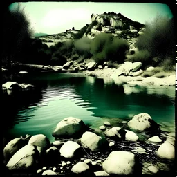 Sublime foto close-up polaroid ad alta definizione di una montagna rocciosa e falsa, un lago falso, surreale, collage art, dadaism, sublime, splimapys nero, cielo nero, acqua nera riflette un sole nero, macabre piante circondano il lago, alghe, hypermaximalist, Max Ernst style, strangeness, intricate, hypnotic, obsessive, 8k, deep 3d field, very accentuated details of the rocks and shtn, eerie, artistic photo, shot on Hasselblad, large format film, medium format film