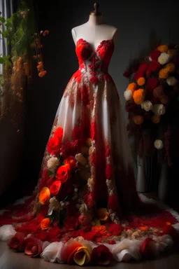 Design a modern gran unique gown that celebrates and showcases a country that has flower farming. make it dreamy, practical and red carpet worthy